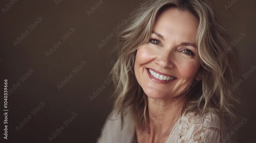 Portrait of a happy middle-aged woman smiling confidently, representing beauty, health, and graceful aging Portrait of a happy middle-aged woman smiling confidently, representing beauty, health, and graceful aging