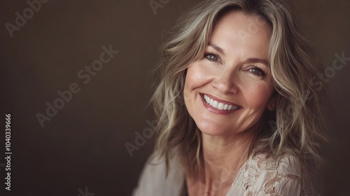 Portrait of a happy middle-aged woman smiling confidently, representing beauty, health, and graceful aging