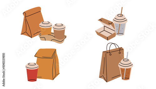 Coffee to go and a paper bag of breakfast. Takeaway fast food paper or cardboard containers, food delivery paper box, bag and plastic cup flat vector illustration. 
