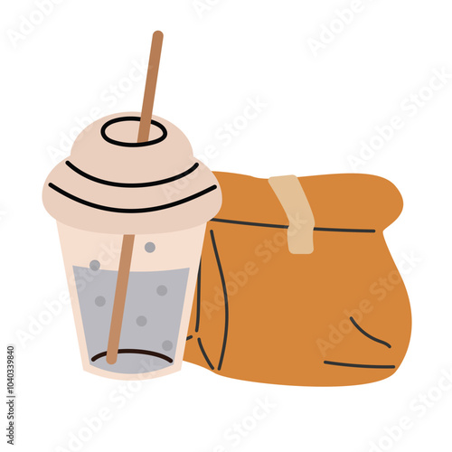 Coffee to go and a paper bag of breakfast. Takeaway fast food paper or cardboard containers, food delivery paper box, bag and plastic cup flat vector illustration. 