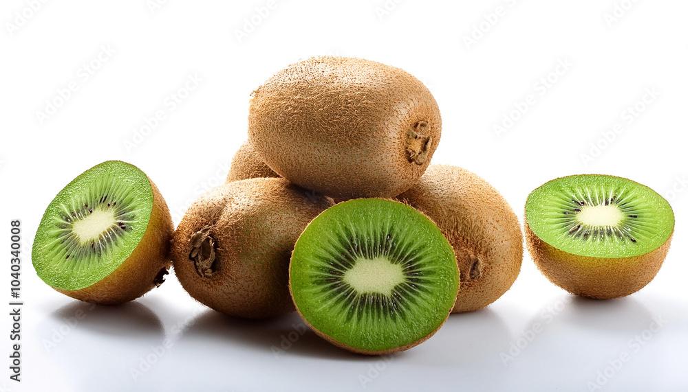 kiwi fruit whole and sliced scattered around background concept isolated white kiwi fruit whole and sliced scattered around background concept isolated white