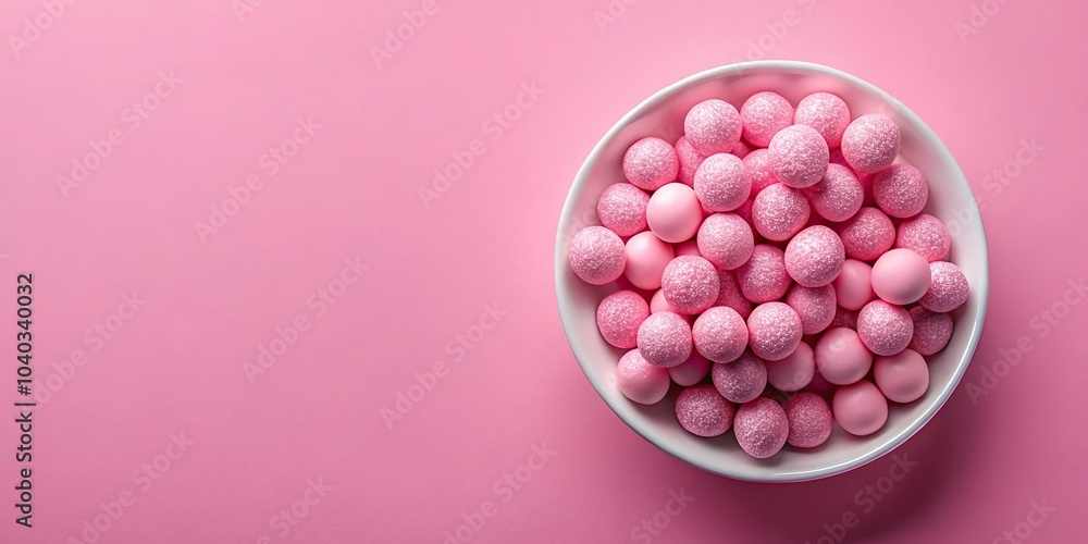 Aerial view of pink balls in a bowl on pink background Aerial view of pink balls in a bowl on pink background