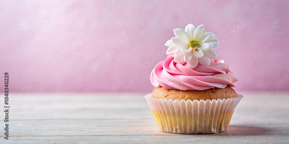 Aerial view of pink cream cupcake with white flower decoration Aerial view of pink cream cupcake with white flower decoration