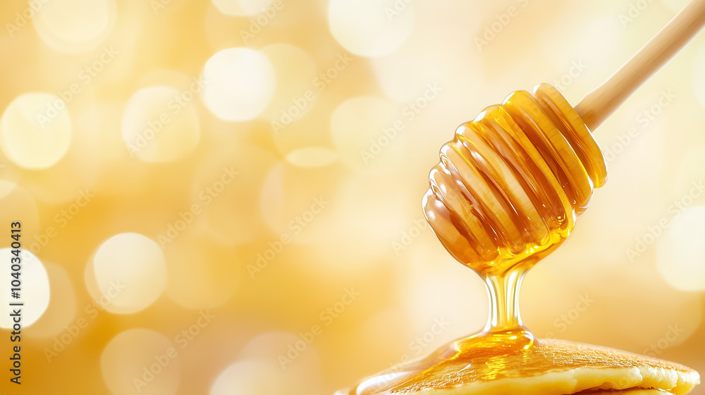 A drizzle of golden honey cascades over tall, fluffy pancakes, creating a tempting breakfast treat with warm colors A drizzle of golden honey cascades over tall, fluffy pancakes, creating a tempting breakfast treat with warm colors