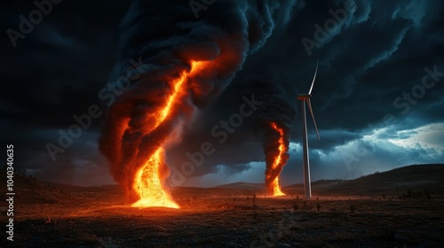 Volcanic tornadoes in a dark landscape.