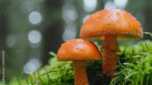 Mushrooms thrive in a dark green forest, showcasing vibrant colors after the rain