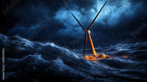 Wind turbine in stormy sea, dramatic scene