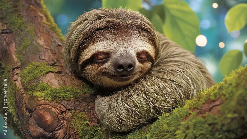 Naklejka premium Sleepy Sloth Napping on Tree Brunch Close-up, Cute Lazy Animal Portrait