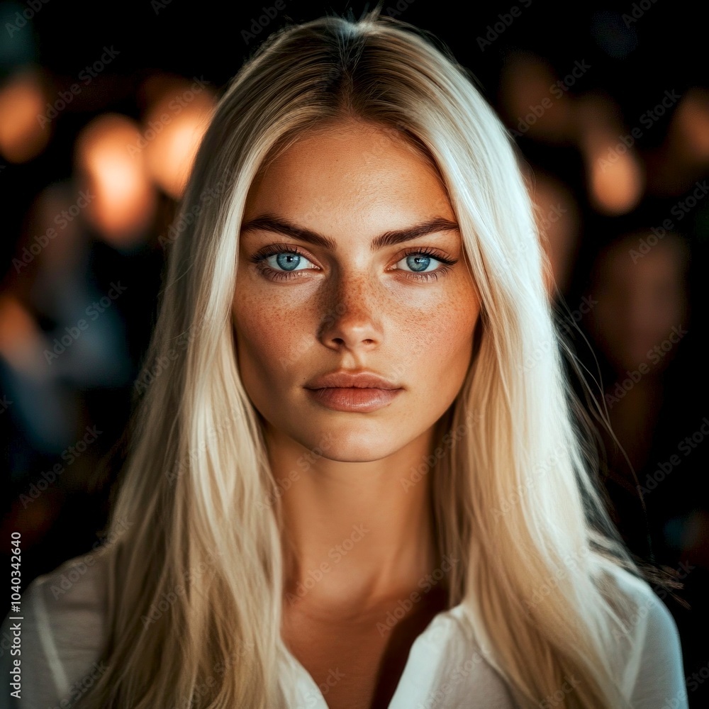 A striking portrait of a young woman with long blonde hair and captivating blue eyes. The soft focus in the background creates a serene mood. Perfect for fashion or beauty themes. AI A striking portrait of a young woman with long blonde hair and captivating blue eyes. The soft focus in the background creates a serene mood. Perfect for fashion or beauty themes. AI