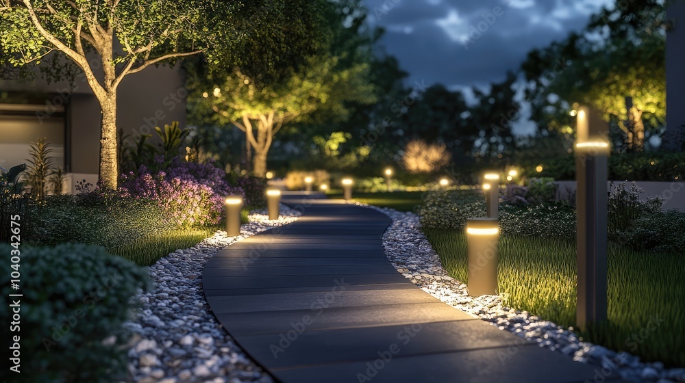 Outdoor path illuminated by modern garden lights at night, representing contemporary landscape design Outdoor path illuminated by modern garden lights at night, representing contemporary landscape design