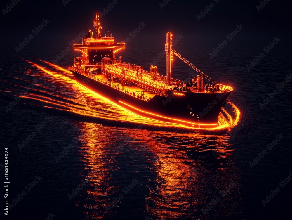 Fototapeta premium Export import container ship with outlines neon light 