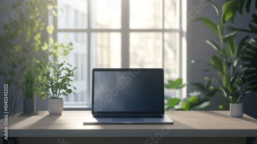 Wallpaper Mural A tranquil workspace showcases a laptop on a wooden desk, framed by vibrant plants and bathed in soft sunlight. Generative AI Torontodigital.ca