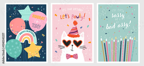 Set of birthday postcards with confetti, balloons, a cute cat cake and hand writing. Invitations, happy birthday. Vector