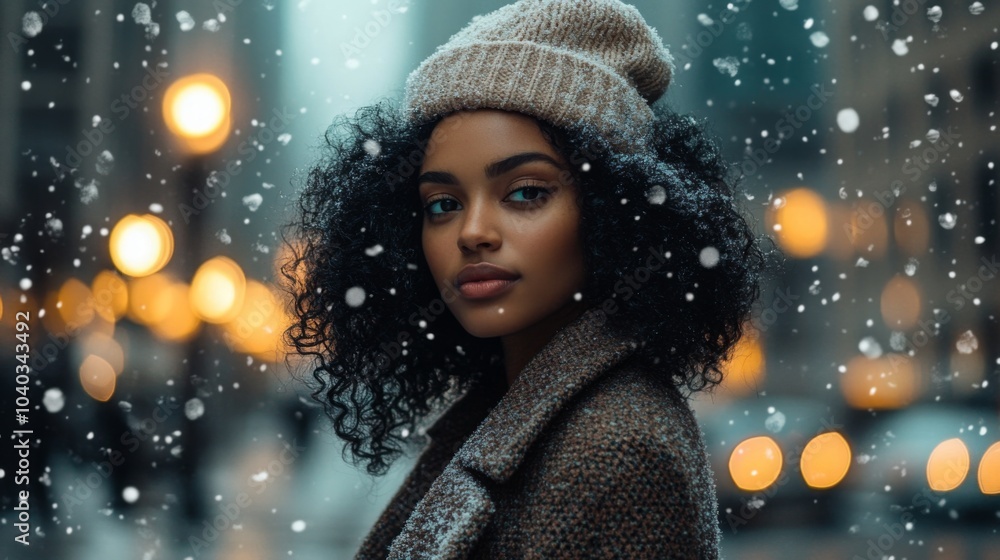 A young woman stands on a bustling city street during a snowy evening. She wears a cozy hat and a warm coat, with snowflakes gently falling around her. A young woman stands on a bustling city street during a snowy evening. She wears a cozy hat and a warm coat, with snowflakes gently falling around her.