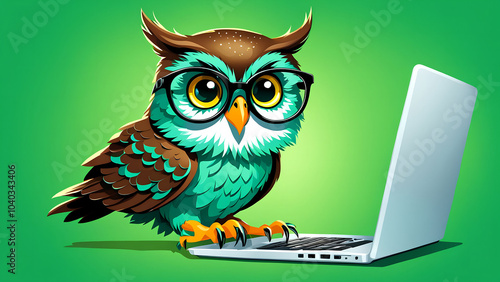 A friendly owl in glasses surfs the web on his laptop on a green background photo