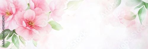 Soft watercolor blush peonies adorned with delicate green leaves on a gentle white backdrop