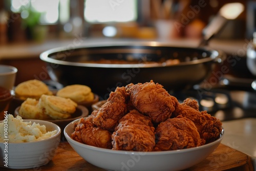 Crispy, fried chicken. The chicken is perfectly seasoned with Cajun spices.