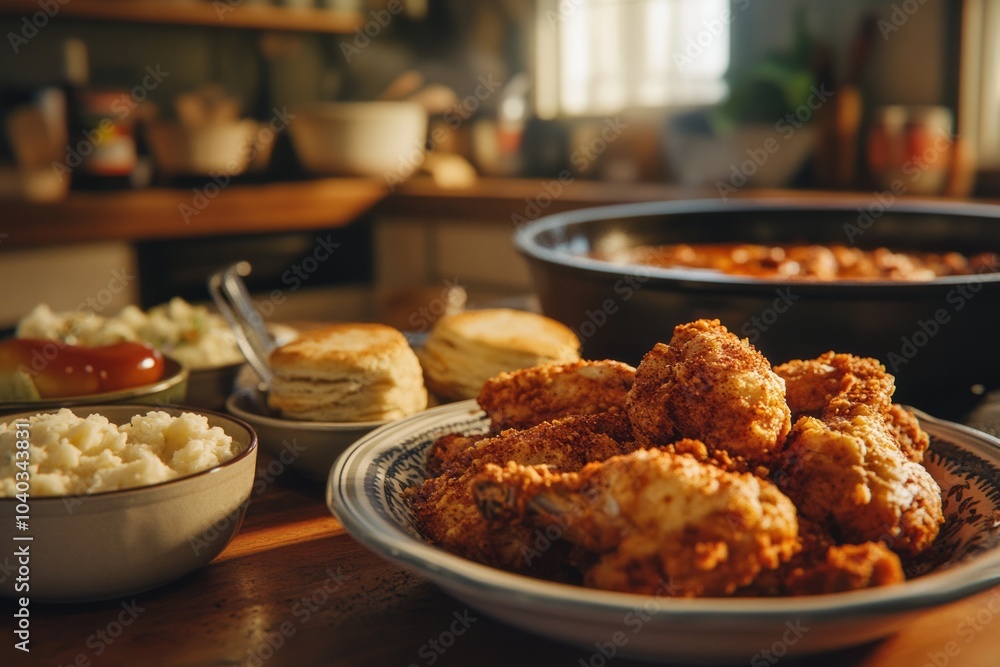 Crispy, fried chicken. The chicken is perfectly seasoned with Cajun spices. Crispy, fried chicken. The chicken is perfectly seasoned with Cajun spices.