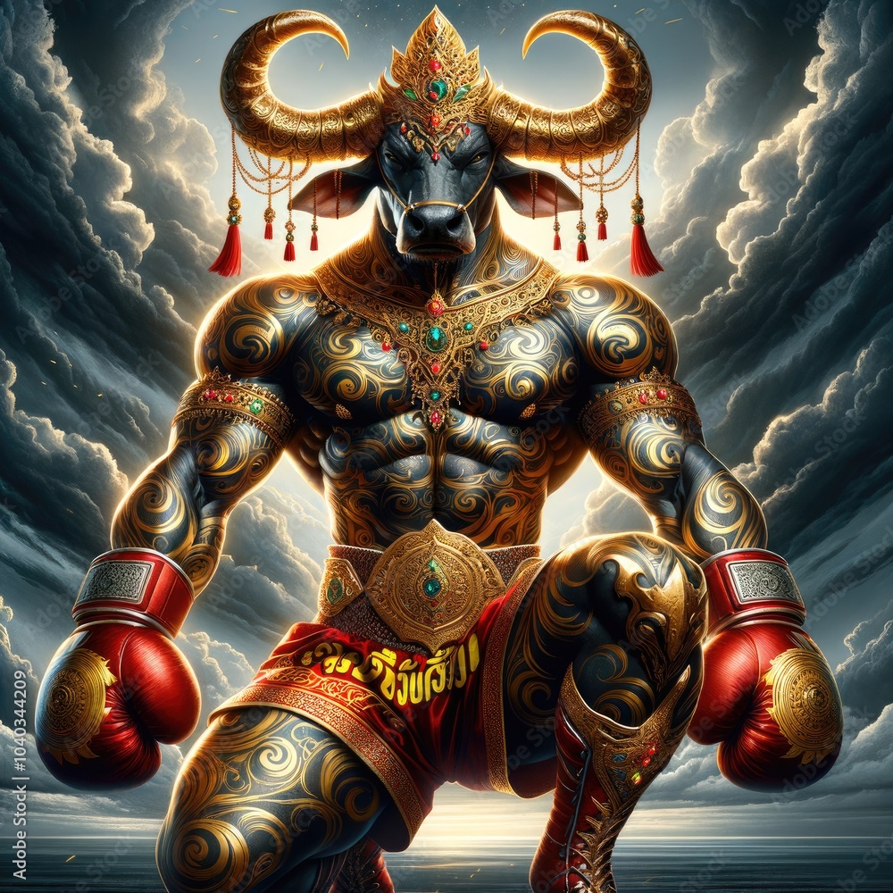 Fototapeta premium Majestic Bull-Headed Warrior: A Powerful Mythical Fighter in Intricate Gold and Red Armor, Kneeling with Glowing Boxing Gloves Amidst Swirling Storm Clouds, Ready for Battle