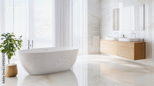 Modern bathroom mockup featuring a freestanding tub and stylish double sink vanities in a bright, airy space