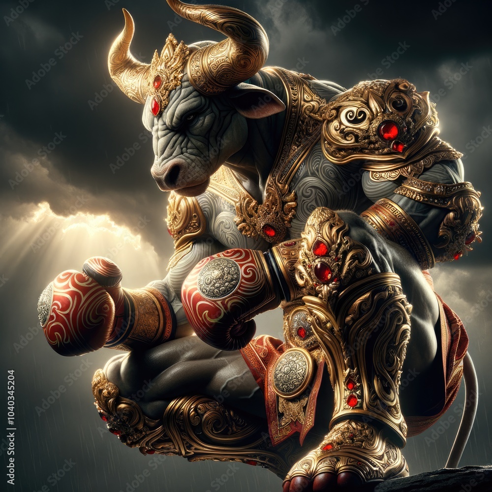 Fototapeta premium Majestic Bull-Headed Warrior: A Powerful Mythical Fighter in Intricate Gold and Red Armor, Kneeling with Glowing Boxing Gloves Amidst Swirling Storm Clouds, Ready for Battle