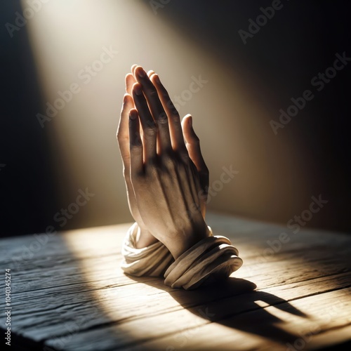 Praying hands sculpture bathed in warm sunlight creating dramatic shadows on a wooden surface photo