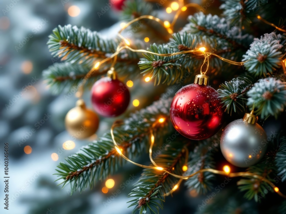 pine tree branch with Christmas ornaments pine tree branch with Christmas ornaments