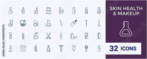 Cosmetics and skincare line icons set. Containing makeup, moisturizer, serum, treatment, lotion and more. Line vector icon collection. Editable stroke. Pixel perfect.