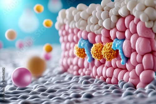 Close-up of a human cell membrane, showing lipid bilayers and ion channels embedded in the membrane, with ions passing through in real time photo