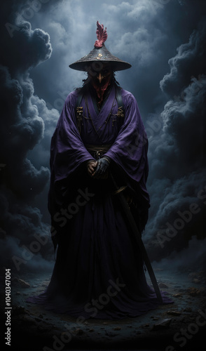 Samurai Chicken wearing a purple kimono