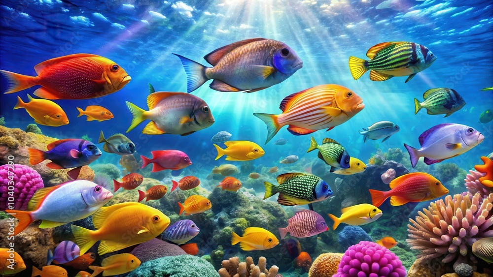 Underwater photo of colorful fish swimming in the ocean, marine life, underwater world Underwater photo of colorful fish swimming in the ocean, marine life, underwater world