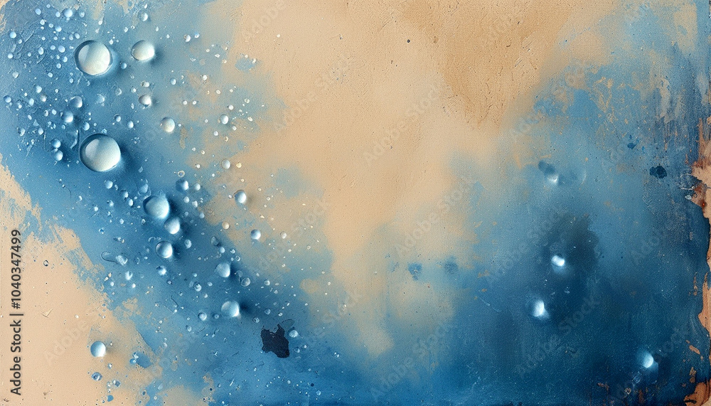 Fototapeta premium Artistic blend of blue droplets on a textured sandy background during golden hour light