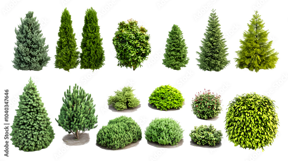Different garden trees and bushes isolated on a transparent background depicting lush foliage for landscape design, png Different garden trees and bushes isolated on a transparent background depicting lush foliage for landscape design, png