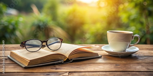 Book placed on wooden table with a cup of coffee and reading glasses beside it, book, table, wooden, cup