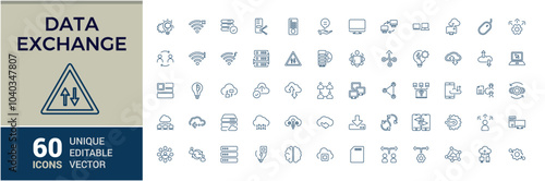 Data exchange line icons set. Related to transfer, communication, sharing, integration, file and more. Thin line icon collection. Editable stroke. Vector illustration.