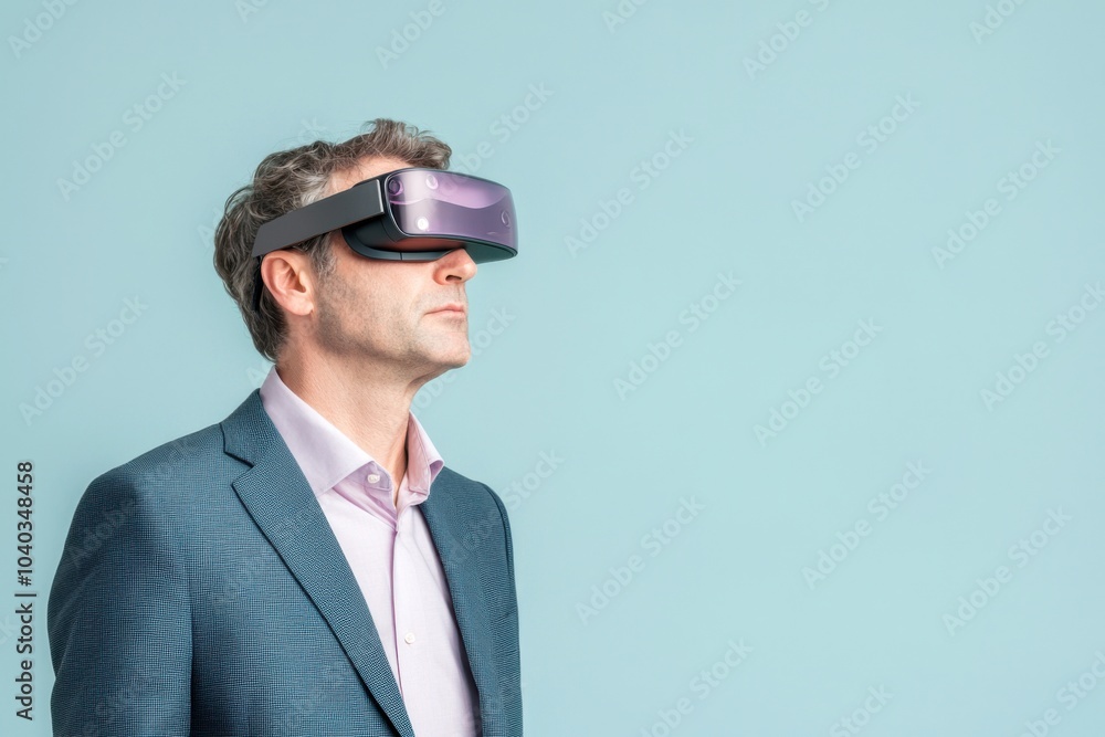 Man wearing virtual reality headset, isolated on light blue background. Man wearing virtual reality headset, isolated on light blue background.