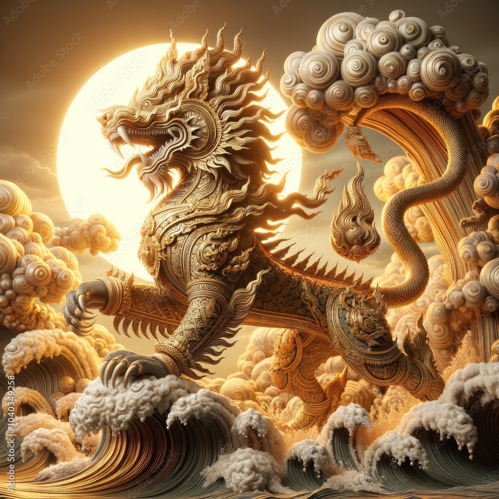 Fototapeta premium Majestic lion: A Realistic Depiction of the Mythical Thai Lion Amidst Swirling Clouds and Waves, Adorned with Intricate Gold Patterns and Radiant Light
