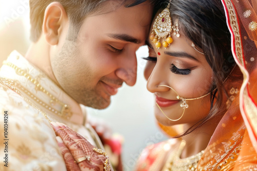 Joyful indian wedding couple embracing in traditional attire photo