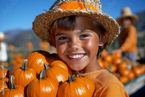 Family picking pumpkins in a harvest field, children smiling as they carry pumpkins of all shapes and sizes, with scarecrows in the background photo