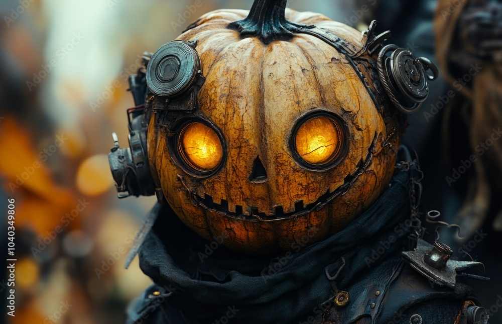 Steampunk Pumpkin Headed Figure in a Spooky Setting Steampunk Pumpkin Headed Figure in a Spooky Setting