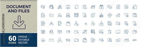 Files and documents line icons set. Including folder, archive, PDF, report, document management and more. Thin line icon collection. Editable stroke. Vector illustration.