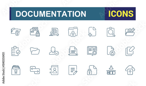 Files and documents line icons set. Including folder, archive, PDF, report, document management and more. Thin line icon collection. Editable stroke. Vector illustration.