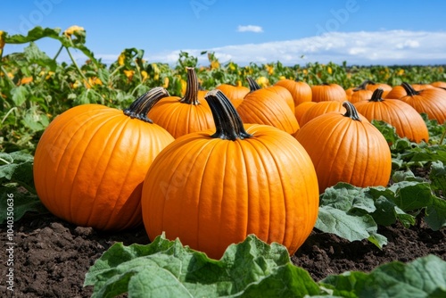 Field of pumpkins stretching into the horizon, with vibrant orange fruits dotting the field, ready for harvest photo