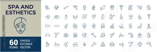 Spa line icons set. Related to massage, skincare, wellness, facial, beauty, salon and more. Thin line icon collection. Editable and pixel perfect.