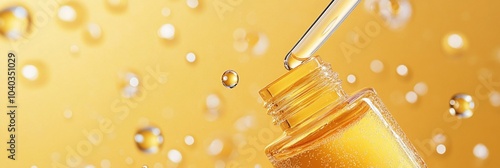 Golden drops of luxury skincare serum falling from pipette into bottle, surrounded by shimmering bubbles on warm yellow background. photo