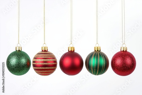 Five colorful Christmas ornaments hanging on a white background.