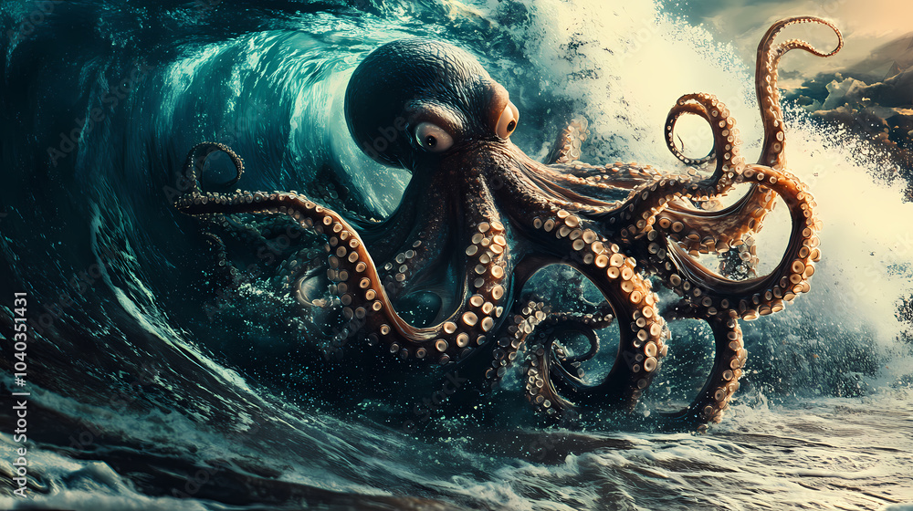 A giant octopus emerging from a tidal wave. Kraken in the Deep. Illustration A giant octopus emerging from a tidal wave. Kraken in the Deep. Illustration