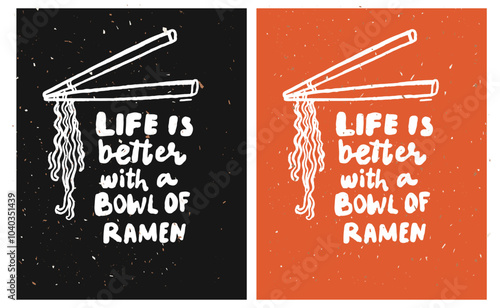 Ramen typography poster, chopsticks with hanging noodles. Doodle illustration