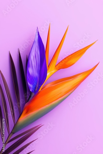 Colorful tropical flower on a pink background, elegantly arranged with leaves.