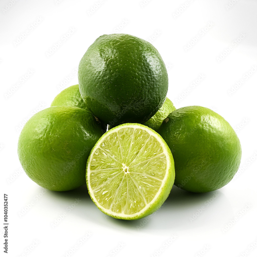 lime whole and sliced scattered around background concept isolated white lime whole and sliced scattered around background concept isolated white